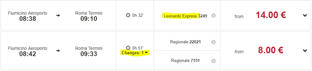 rome train ticket differences