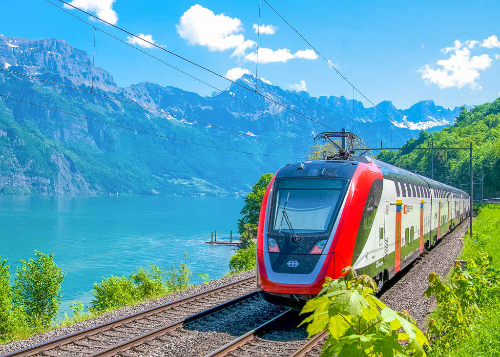 train by the lake, switzerland
